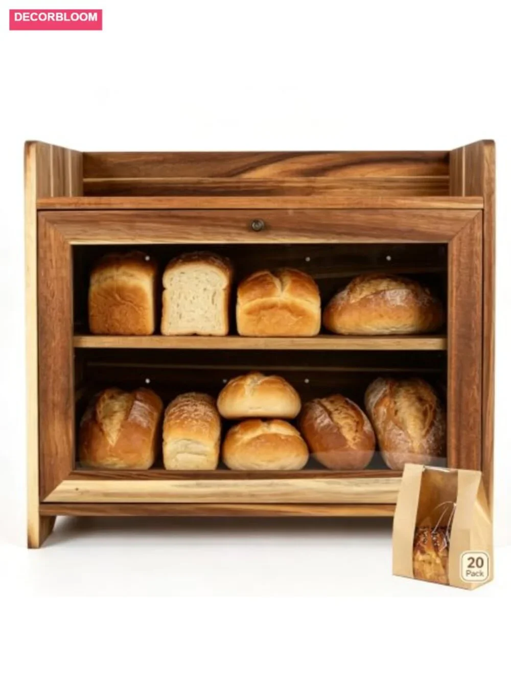 Acacia Wood Bread Box with 20 Bread Bags, Adjustable Shelf